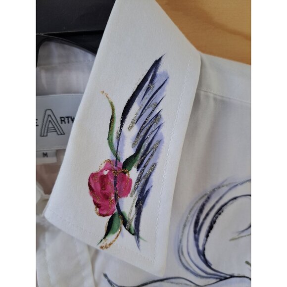 Hand-Painted Creative Artwear White Button-Up Shirt  Floral  Bird Women's Med - Picture 2 of 12